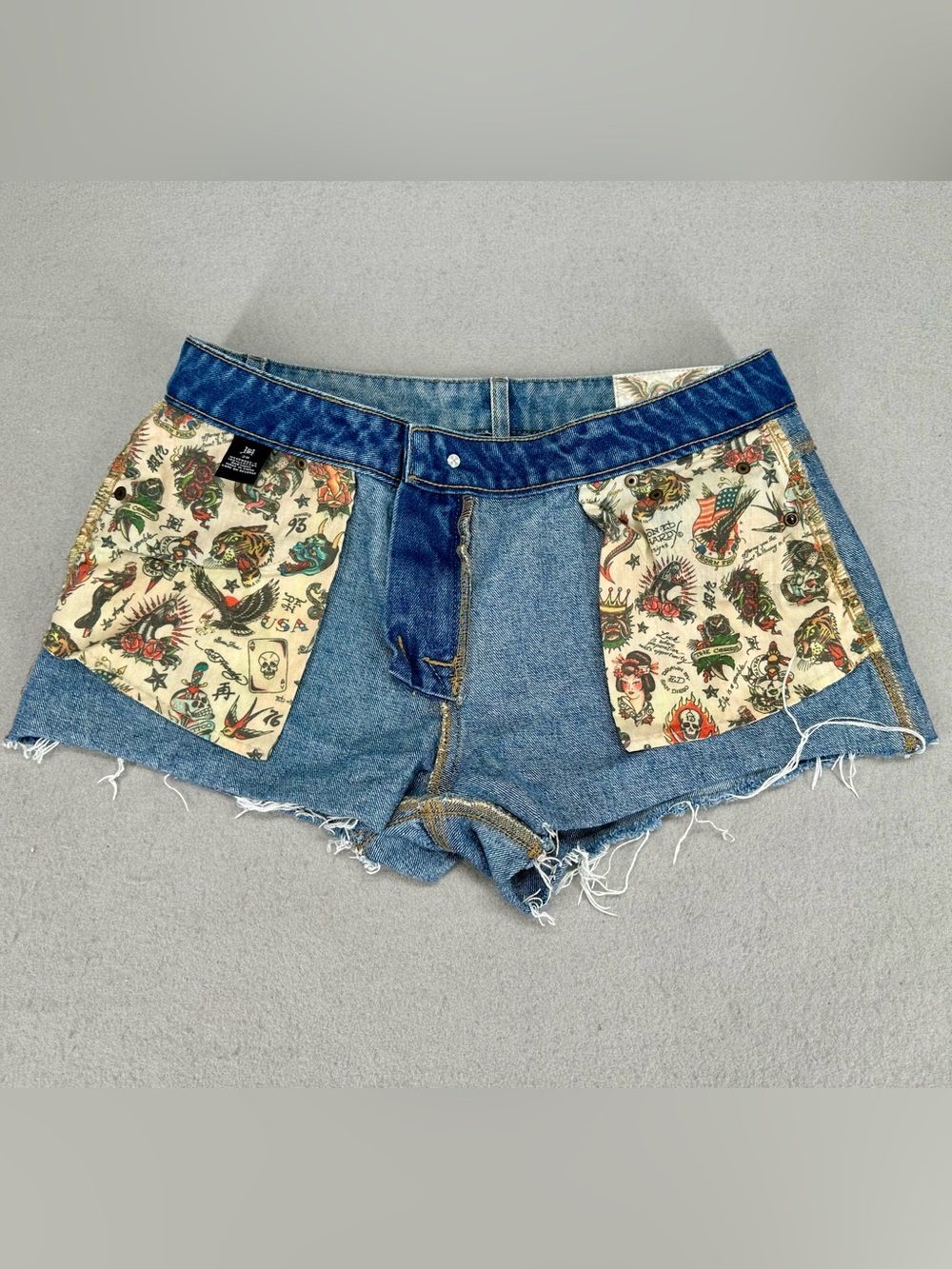 Ed Hardy. "Born Free" swallow graphic denim cut-off shorts - Picture 6 of 8